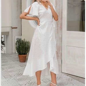 White leopard print silk wrap dress